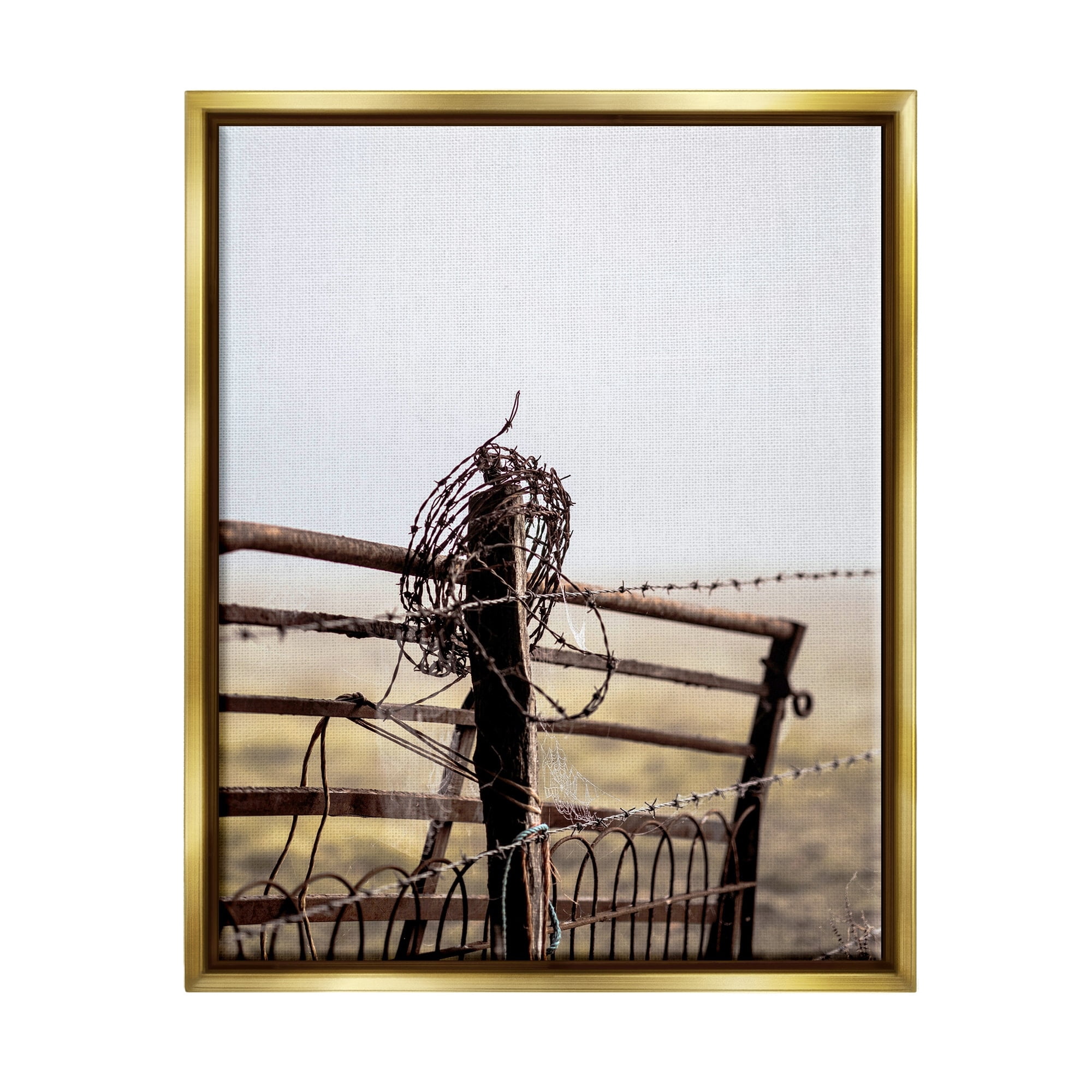 Stupell Industries Rural Meadow Fence Barbed Wire Countryside Photography Photograph Metallic Gold Floating Framed Canvas Print Wall Art, Design by Leah Straatsma