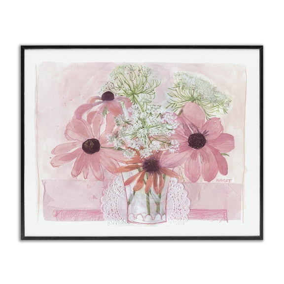 Stupell Industries Bohemian Delicate Pink Flower Blossoms Bouquet Doily Vase Black Framed Giclee Art, 14 x 11, by Maret Hensick