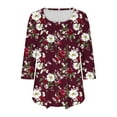 thumbnail image 6 of CYMMPU Tunic Tops 3/4 Sleeve Blouses for Women Dressy Casual Loose Fit Spring Tops Scoop Neck Flower Printed Summer Fashion Shirts A-line Pleated Topss Wine L, 6 of 6