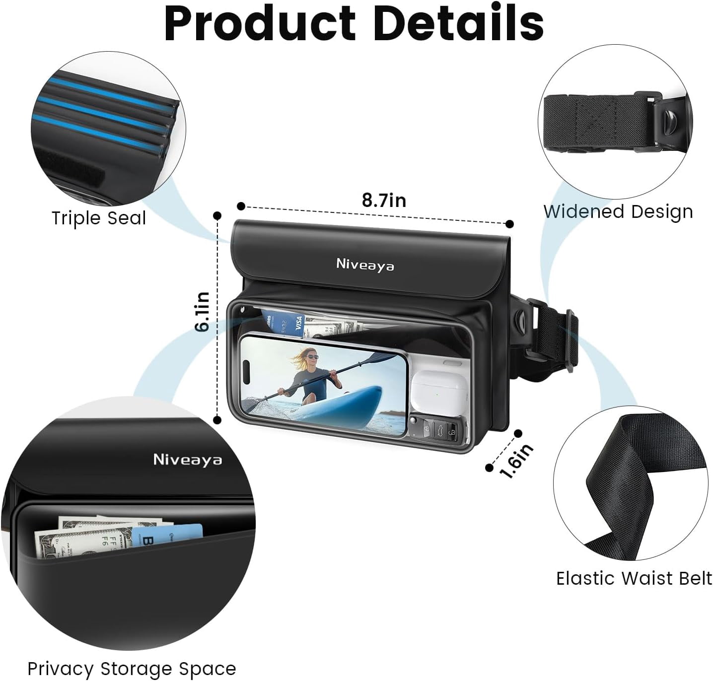 TJS [2 Pack] Up to 9.5" IPX68 Waterproof Fanny Pack, Floating Waterproof Phone Pouch Bag with Elastic Strap for iPhone 16 15 Pro Max 14 Pro 13 12 Galaxy S25 Ultra S24 Series (Black+Green)
