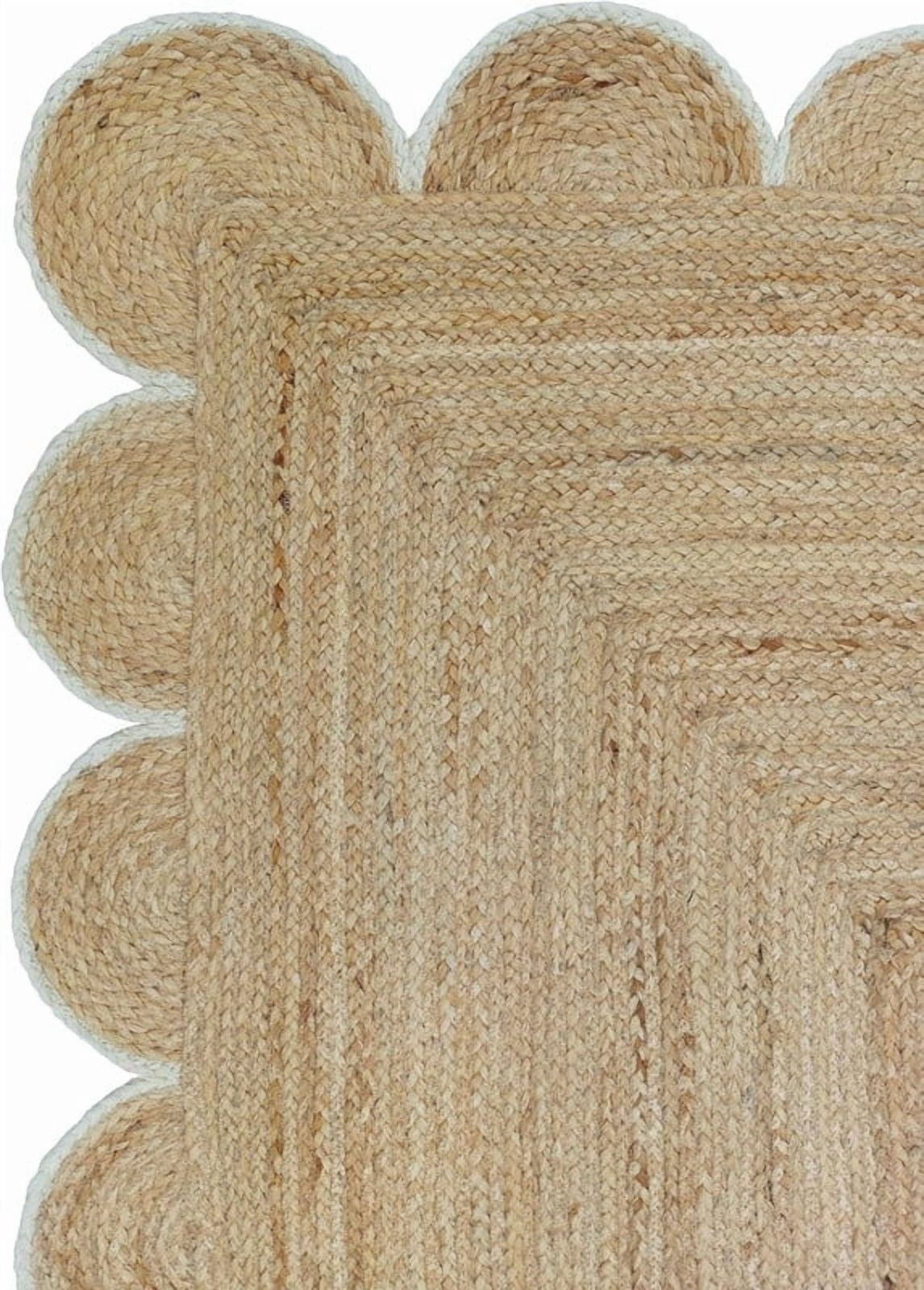 2x5 Ft White Border Premium Scalloped Jute Rug – Handcrafted Natural Braided Carpet for Living Room, Bedroom, Entryway, Boho Home Decor