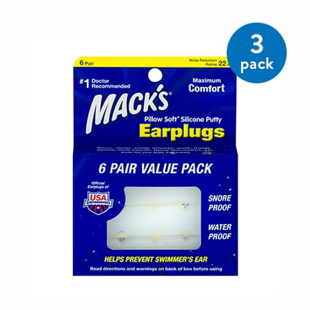 (3 Pack) Mack's Pillow Soft Silicone Putty Earplugs, 6