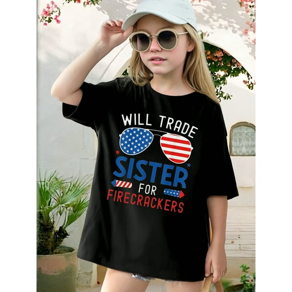 Will Trade Sister for Firecracks Letter Pattern Summer T-shirt for Girl,Casual Minimalist Street Fashion Style Graphic T-shirt for Outdoor Sports and Daily Wear,Summer Tees