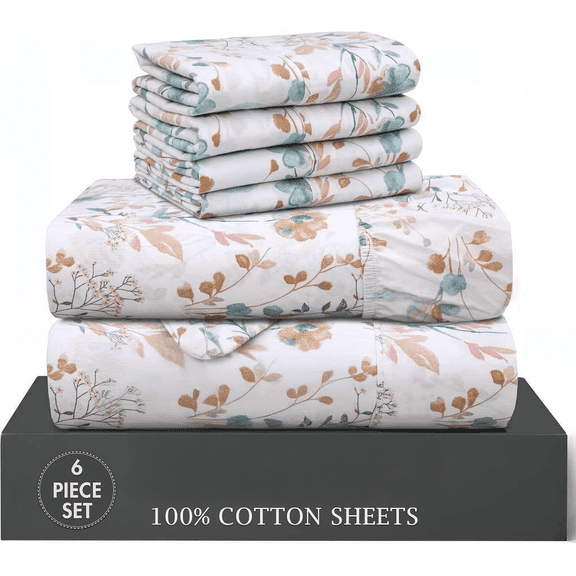 100% Cotton Percale Sheets Queen Size 6 Piece Set Deep Pocket 16 Inch Color Radiant