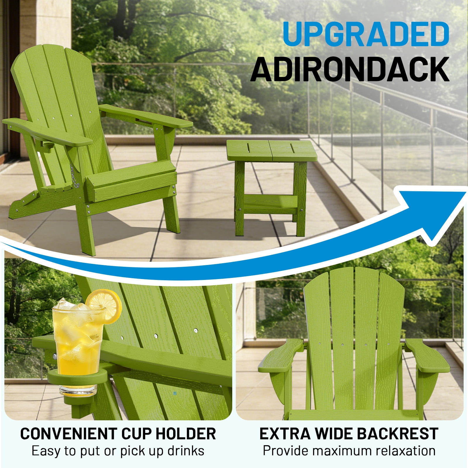 Easthome Adirondack Chair, HDPE All-Weather Outdoor Patio Lounge Chair with Cup Holder & 380lb Capacity for Deck, Garden, Poolside, Backyard - Green