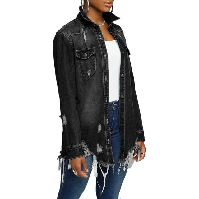 Veste en Jean pour Femmes à Manches Longues Classique, Délavée, Papillon, Chemise en Denim Surdimensionnée, Manteau