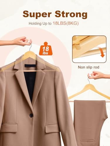 Wooden Hangers 10 Pack, Solid Wood Hanger with Non Slip Pant Bar, Heavy Duty Wooden Coat Hanger for Closet, Smooth Finish Wood Clothes Hangers for Shirts, Suits, Jackets, Dress, Natural