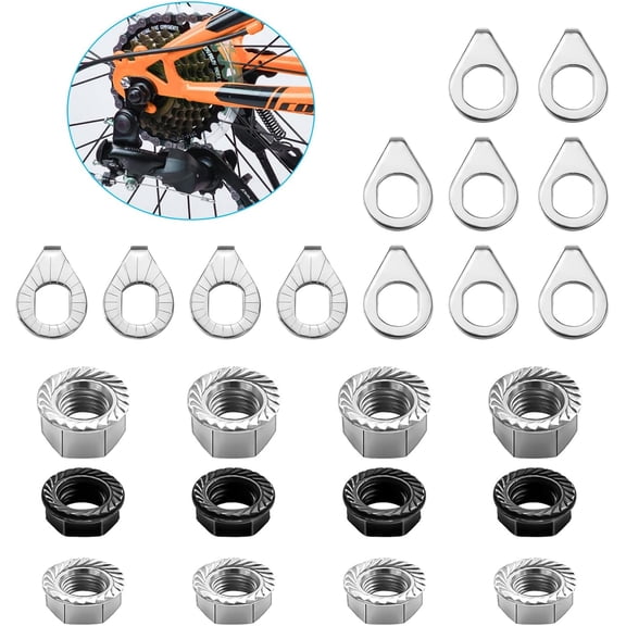 24PCS Bike Nuts and Safety Washers, M8 M9.5 M10 Bicycle Axle Nuts Kit, 3 Sizes Bike Wheel Nuts Washers Black Silver, Bike Hub Nuts for Front Rear Wheel of City Road Mountain Bike (Upgraded)