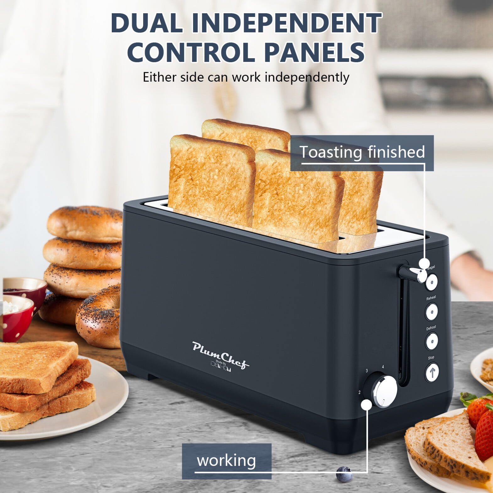4-Slice Toaster, Extra Wide Long Slot Toaster with Warming Rack, 6 Browning Settings, Bagel/Defrost/Reheat Functions, Removable Crumb Tray, Stainless Steel Housing 1500W, Blue