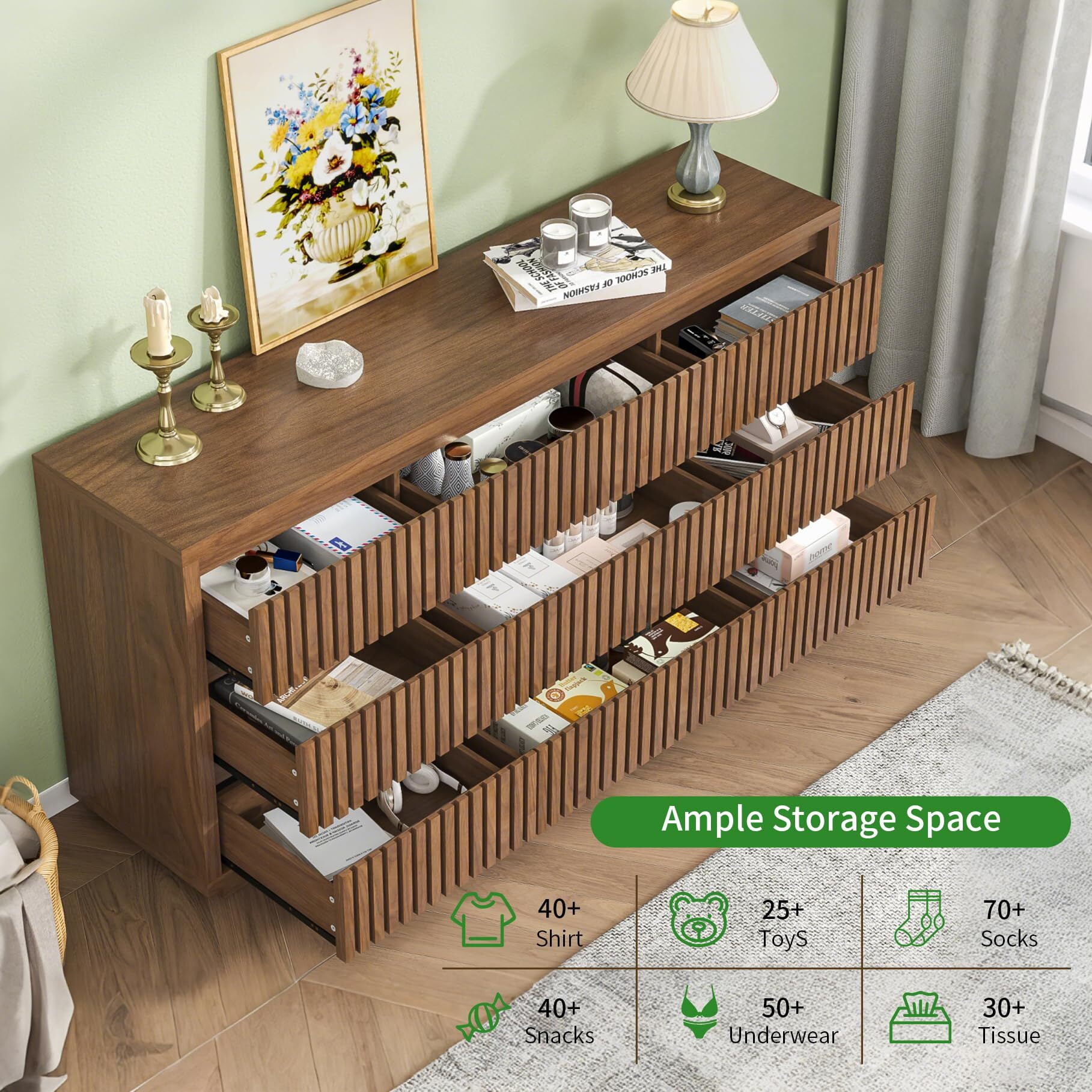 Fluted Long 9-Drawer Dresser, 58'' Mid Century Wood Chest of Drawers, Large Bedroom Clothes Organizer & Walnut TV Stand