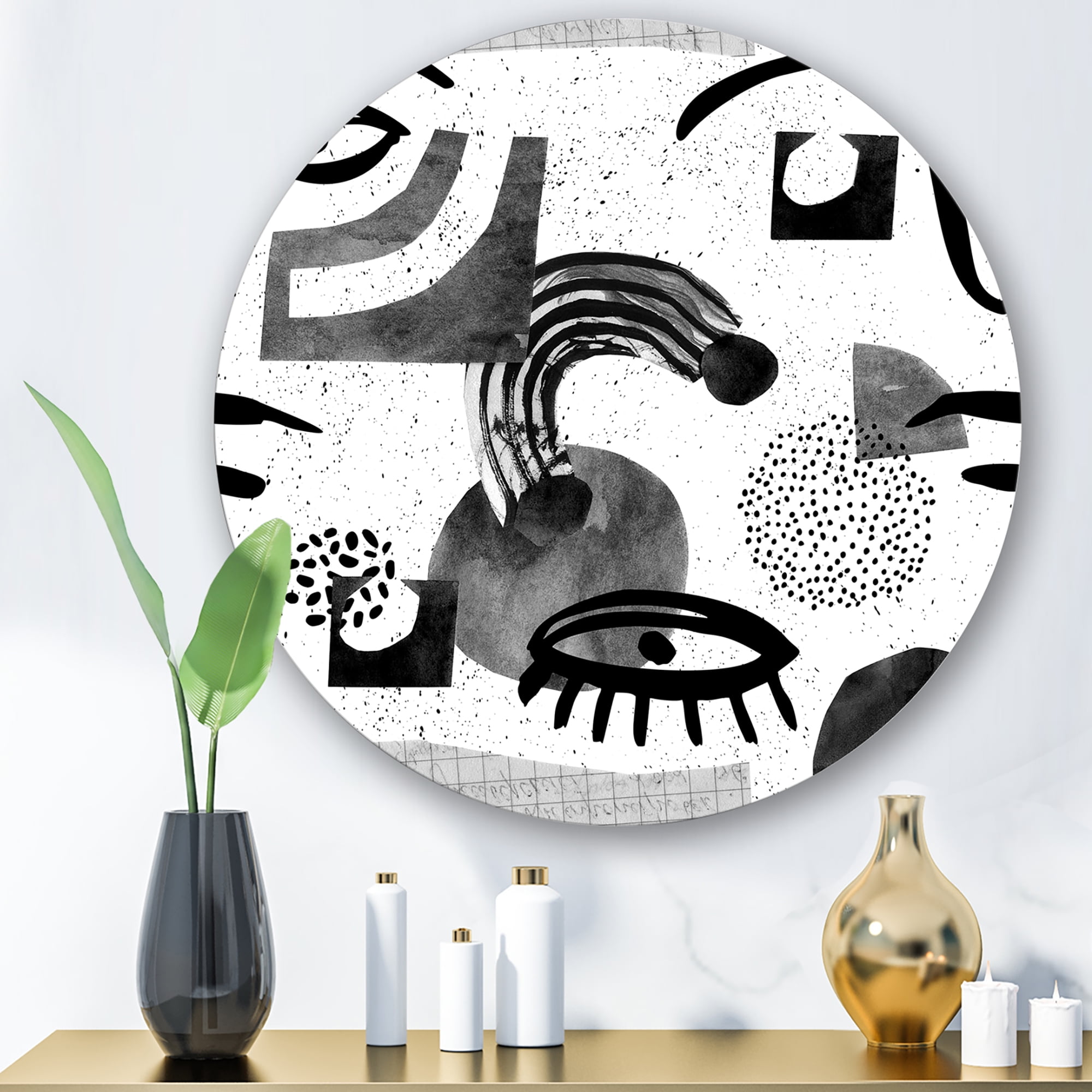 Designart 'Collage of Eyes And Doodles In Contemporary Style II' Modern Circle Metal Wall Art 23x23 - Disc of 23