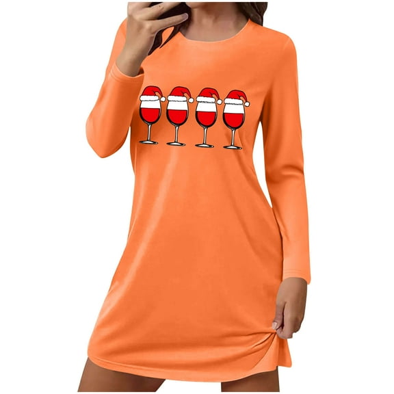 Wensltd Women's Short Sleepshirts Stylish Long Sleeve Round Neck Christmas Home Wear Nightgown S-XXL