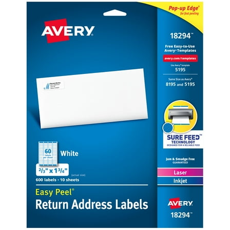 Avery Easy Peel Address Labels, 2/3" x 1-3/4", 600 Labels (18294)