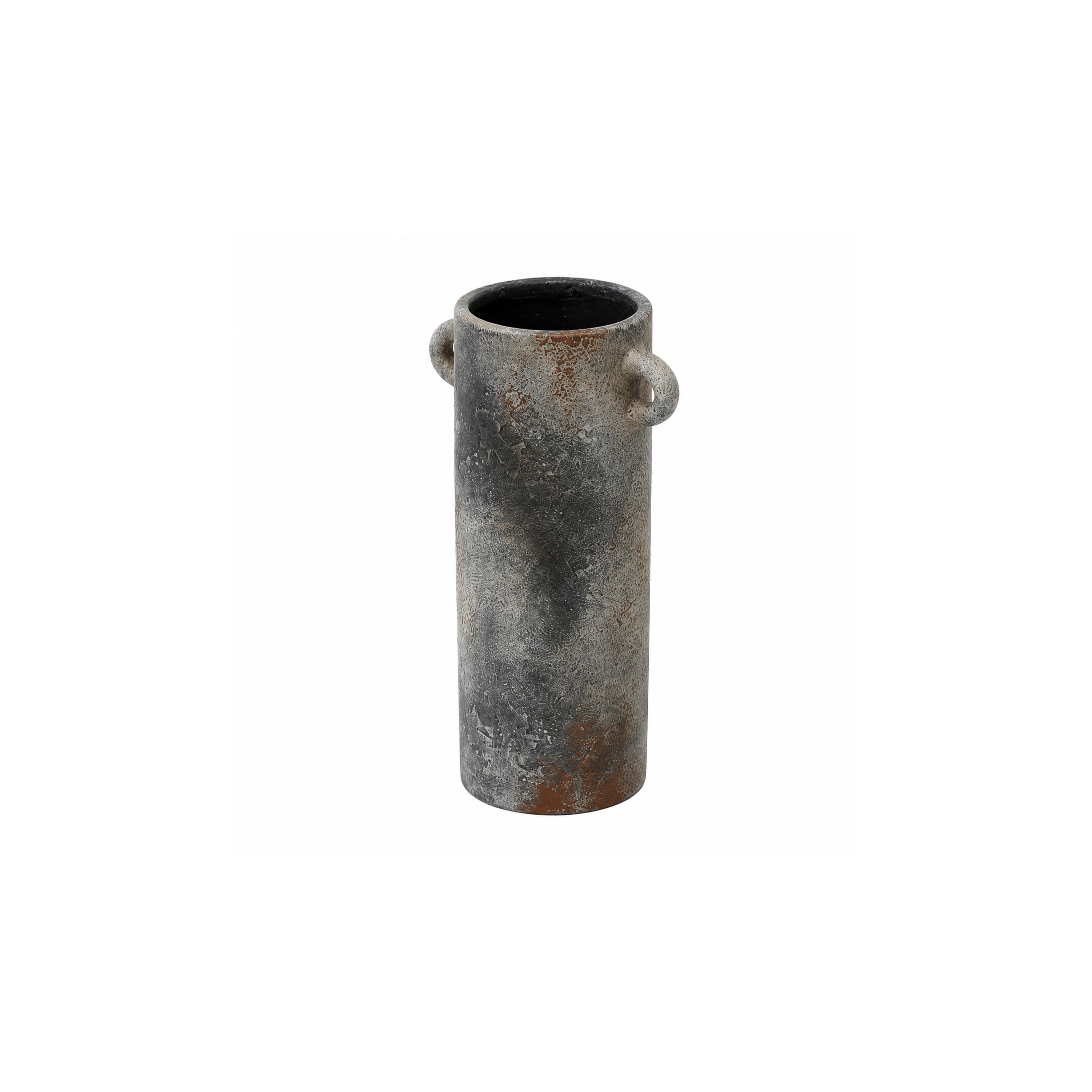 DecMode 9" Antique Style Textured Dark Gray Ceramic Vase with Brown Accents and Handles