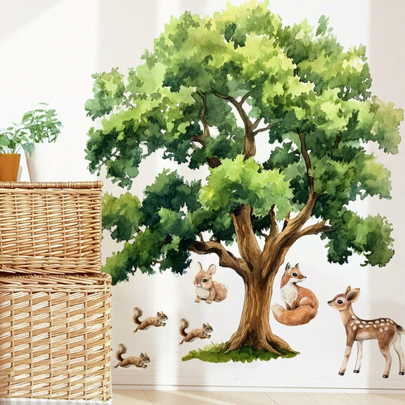 Woodland Animals Large Tree Wall Stickers Forest Animal Fox Rabbit Hedgehog deer Wall Decals Transparent Peel and Stick Kids Room Baby Nursery Bedroom Wall Decor