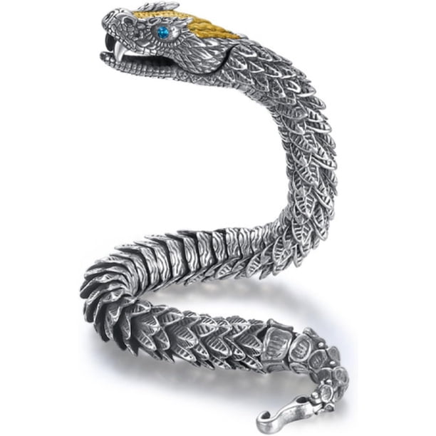 Pulsera de serpiente cascabel tejida a mano plateada en cobre con acab met lico dise o escamas realistas parches dors y ojos piedras preciosas azules joyer moda nica tema animal para estilo casu