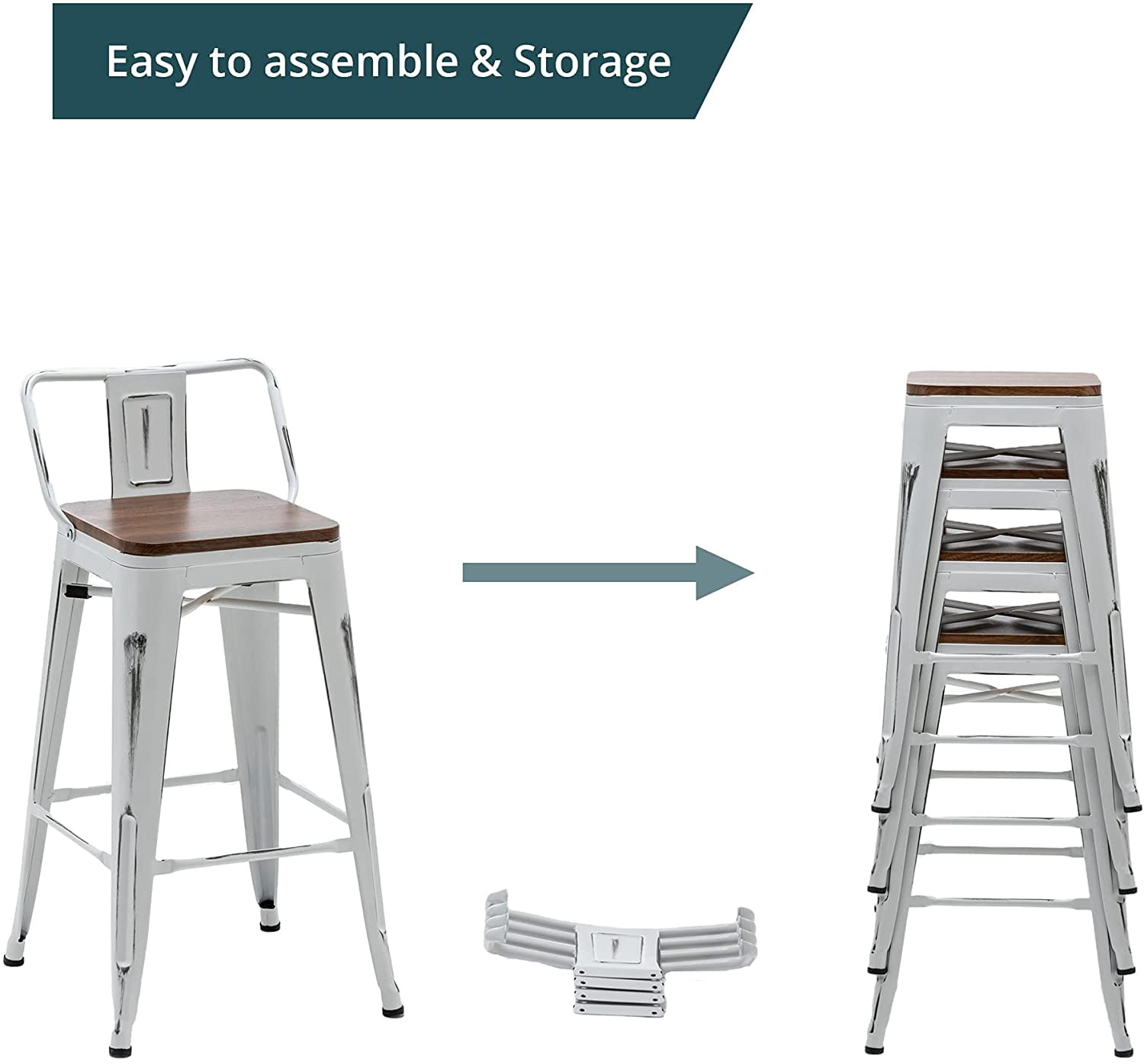 Andeworld Bar Stools Set of 4 Counter Height Stools Industrial Metal Barstools with Wooden Seats( 30 Inch, Distressed White )