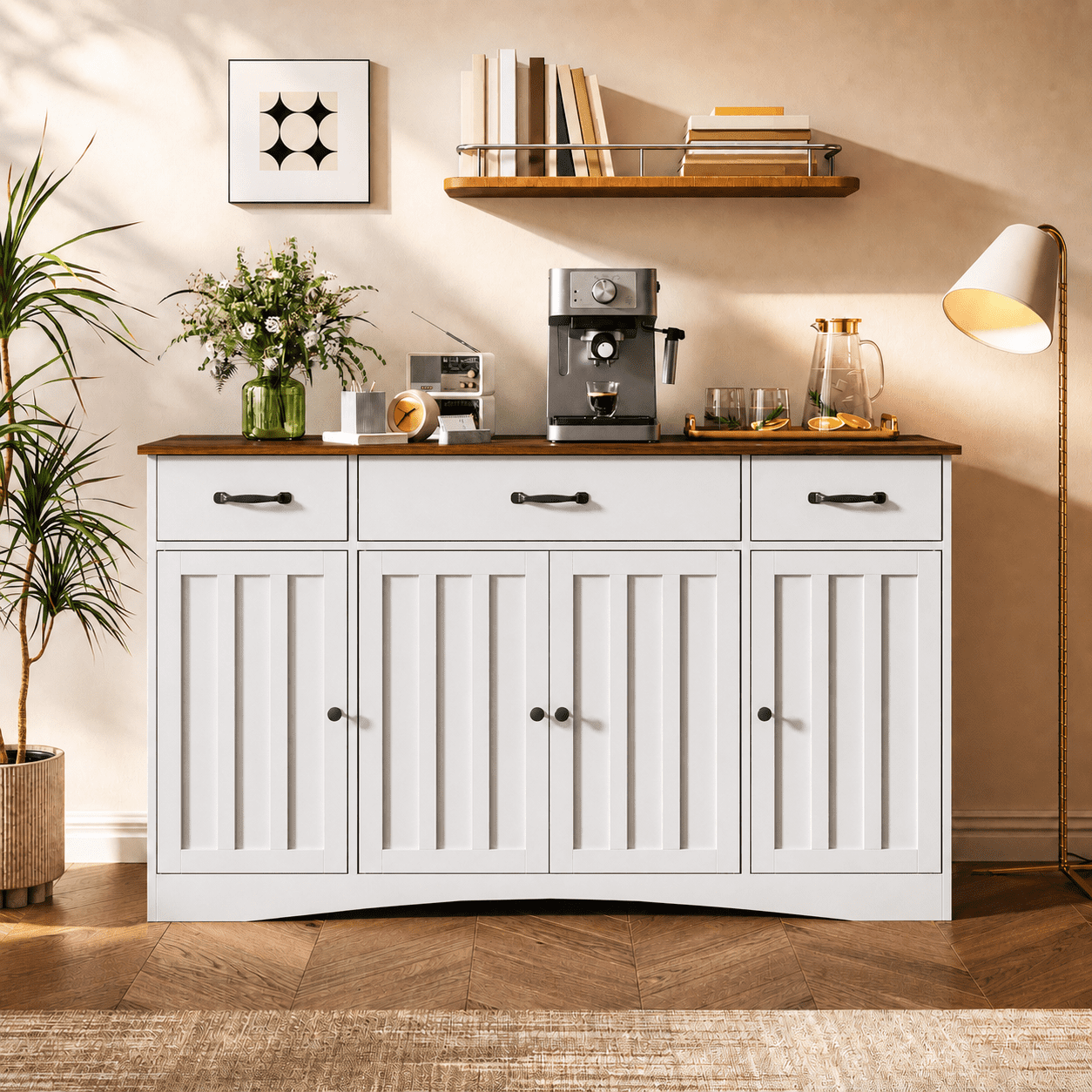 Multipurpose Buffet Cabinet with 4 Doors 3 Drawer, Layered Open Shelf Design, Ideal for Kitchen Bathroom Living Room Storage, Naturel Wood