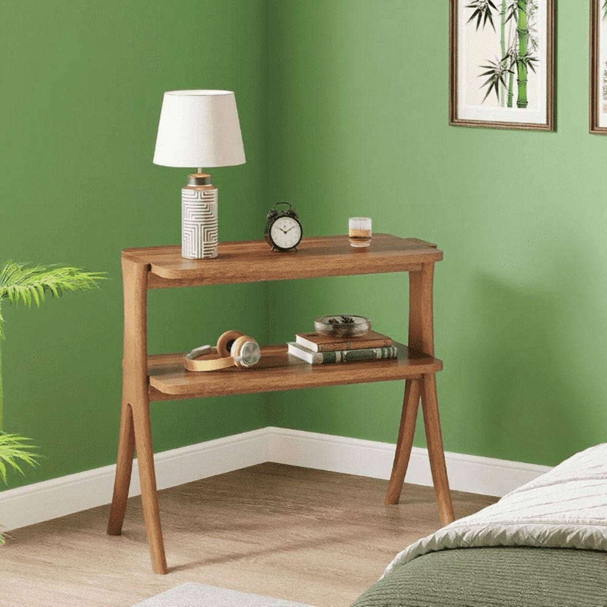 2-Tier Narrow Side Table, Walnut Wood Grain, Herringbone Legs for Living Room/Bedroom/Entryway