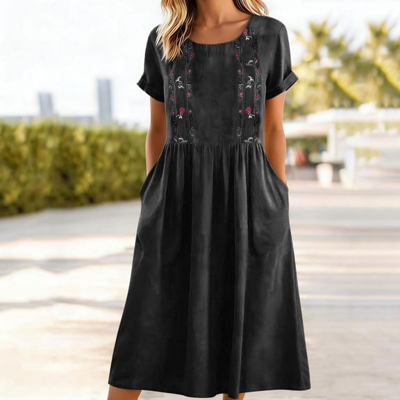 Royisotas Womens Dresses Pocket Crew Neck Spring Cotton Linen Maxi Casual Short Sleeve Summer Embroidered Print Linen Dress for Women