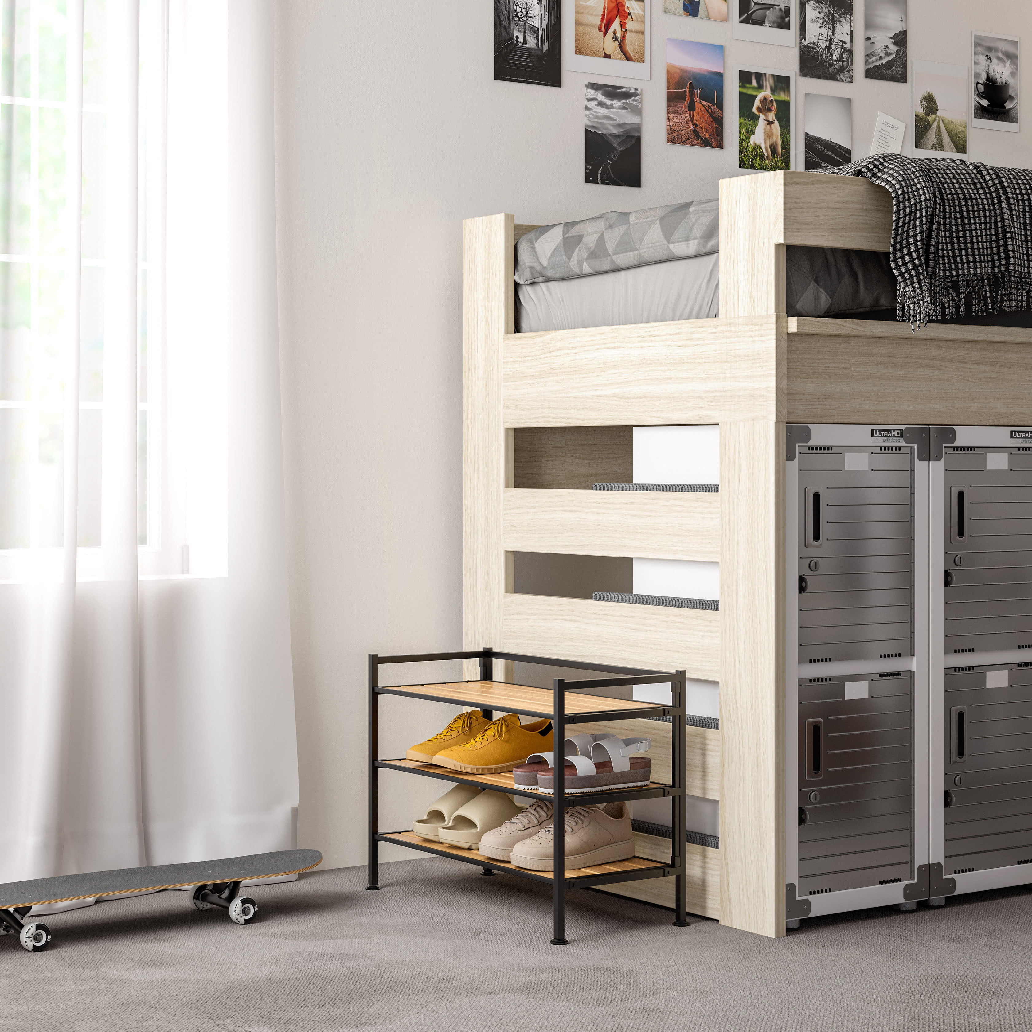 Seville Classics Sturdy Freestanding Storage Shelf for Bedroom, Closet, Entryway, Dorm Room Organizer, Stackable Metal 3-Tier 2" Resin Slat Shoe Rack, Light Oak