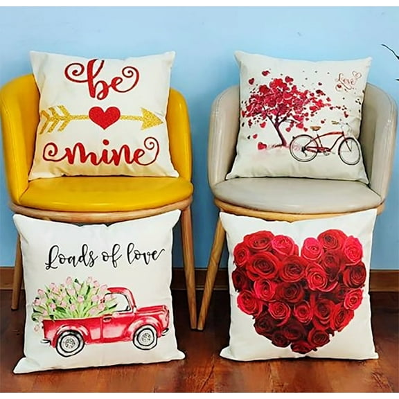 Fun Covers 18” x 18” Red Heart and Love Faux Linen Throw Pillow Covers (4 Count)