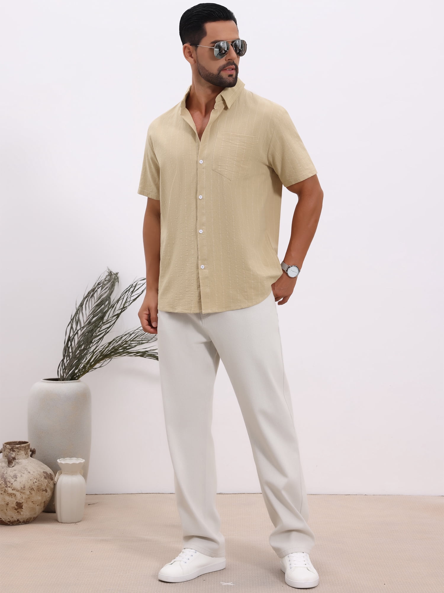 DARING DIVA Men's Point Collar Short Sleeve Button Down Stripes Shirts 3XL Khaki