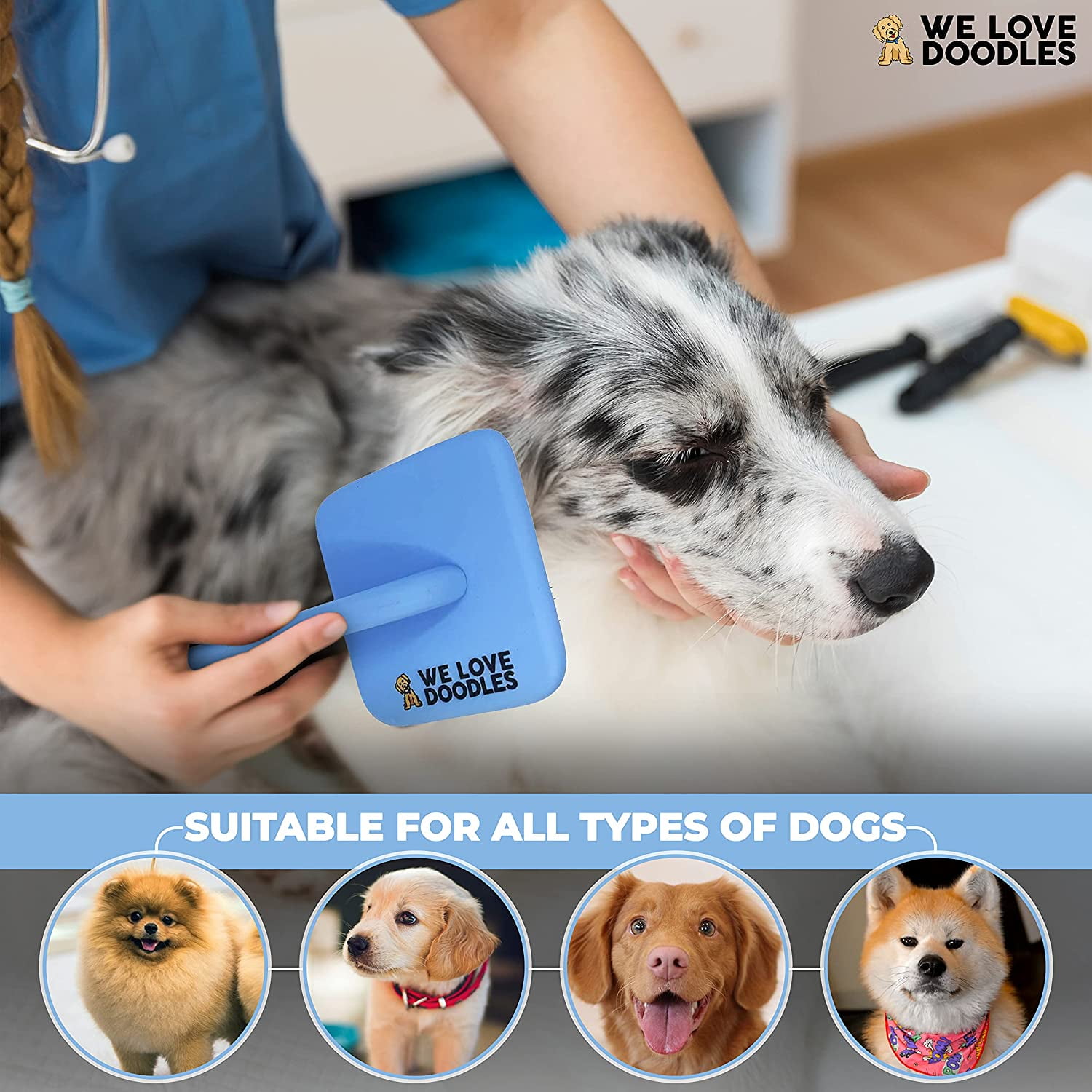 We Love Doodles Dog Slicker Brush – Professional Grooming Brush for Long Hair & Curly Hair, Removes Mats, Tangles & Loose Fur – Dematting & Deshedding Brush, Large