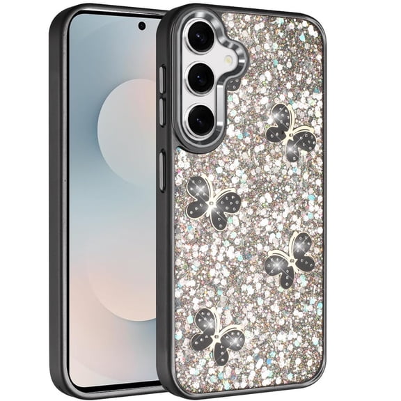 XPM for Samsung Galaxy S25 Fan Edition /Galaxy S25 FE Cute Butterfly Crystal Diamond Glitter Case Sparkle Bling Frame Metallic Edges, Shimmer TPU Hybrid Phone Case Cover (Black)