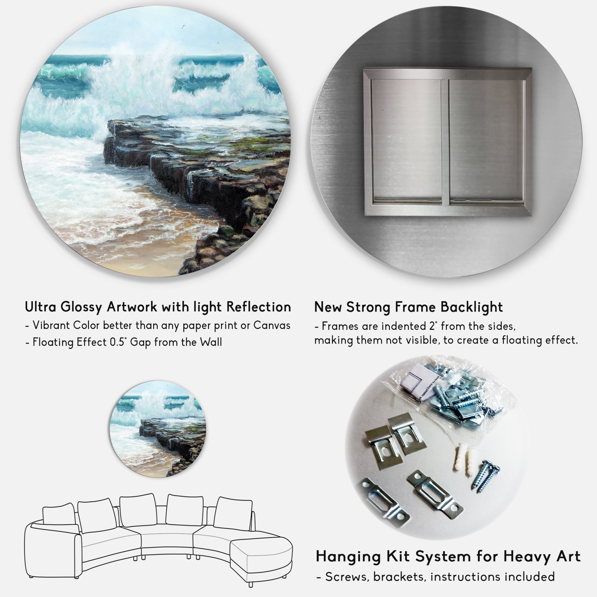 Designart 'Wild Ocean Waves Breaking On The Shore' Nautical & Coastal Circle Metal Wall Art 29x29 - Disc of 29