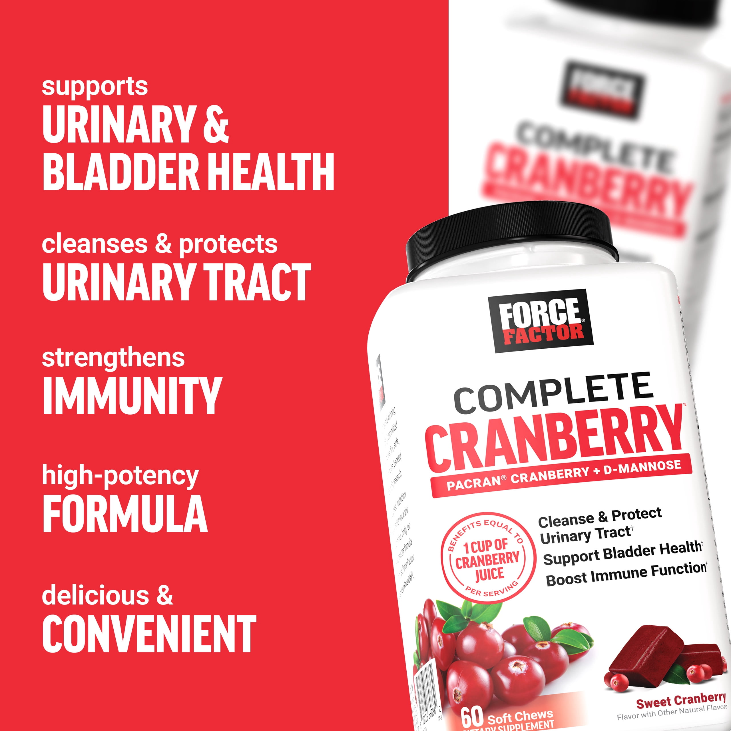 (3 pack) Force Factor Cranberry Soft Chews, Cranberry Supplement with D Mannose and Cranberry Extract to Support Bladder and Urinary Tract Health for Women, Vegan, Sweet Cranberry Flavor, 60 Soft Chews