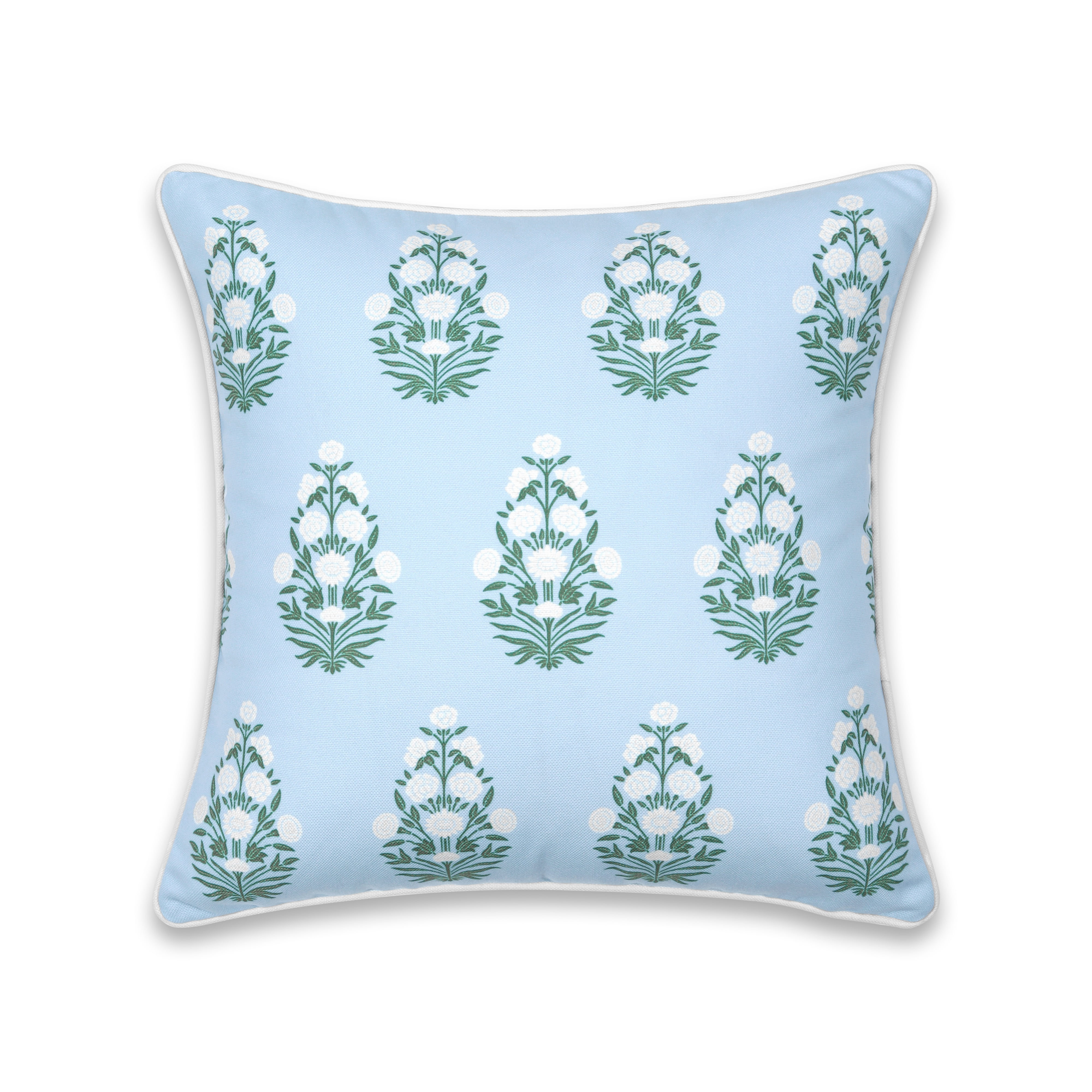 Hofdeco Premium Coastal Patio Indoor Outdoor Throw Pillow Cover Only, 18"x18" Water Repellent for Backyard, Couch, Baby Blue White Green Floral with Piping