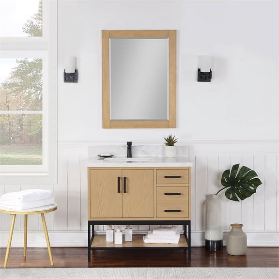 Wildy 36" Single Bathroom Vanity Set in Washed Oak with Grain White Composite Stone Countertop with Mirror