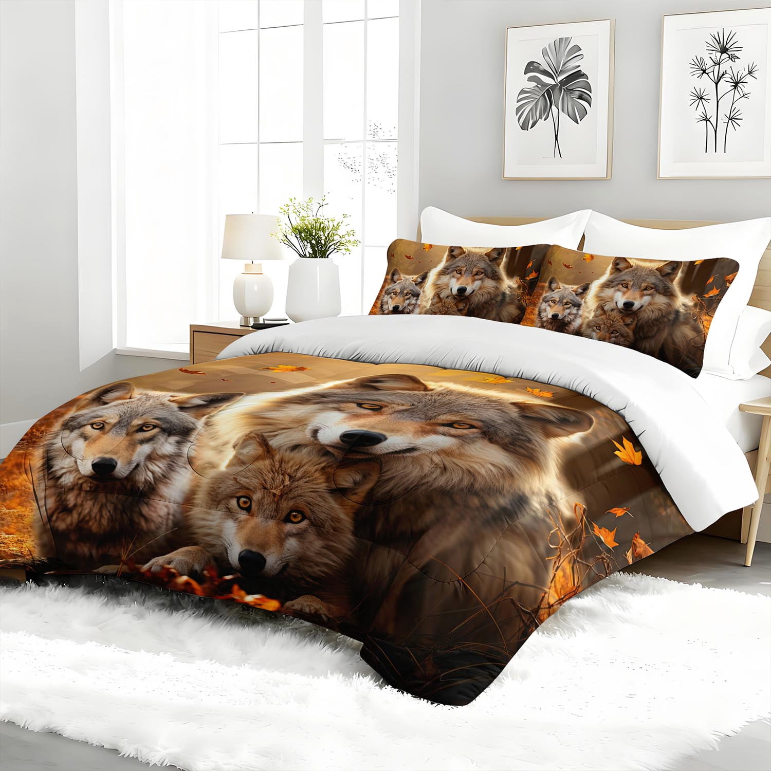 3pcs Wolf Family Autumn Leaves Comforter Set, Realistic Wildlife Bedding Set for Bedroom or Guest Room Decor, All Seasons Quilt Machine Washable Duvet with 2 Pillowcases