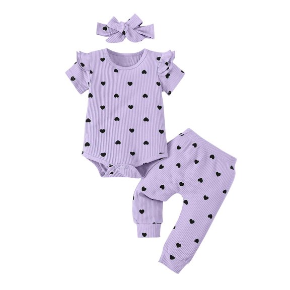 WRKEKC Girls 3-Piece Outfits Multi-Color Heart Print Ruffle Sleeve Ribbed Bodysuit Pants Headband Set 0-24 Months