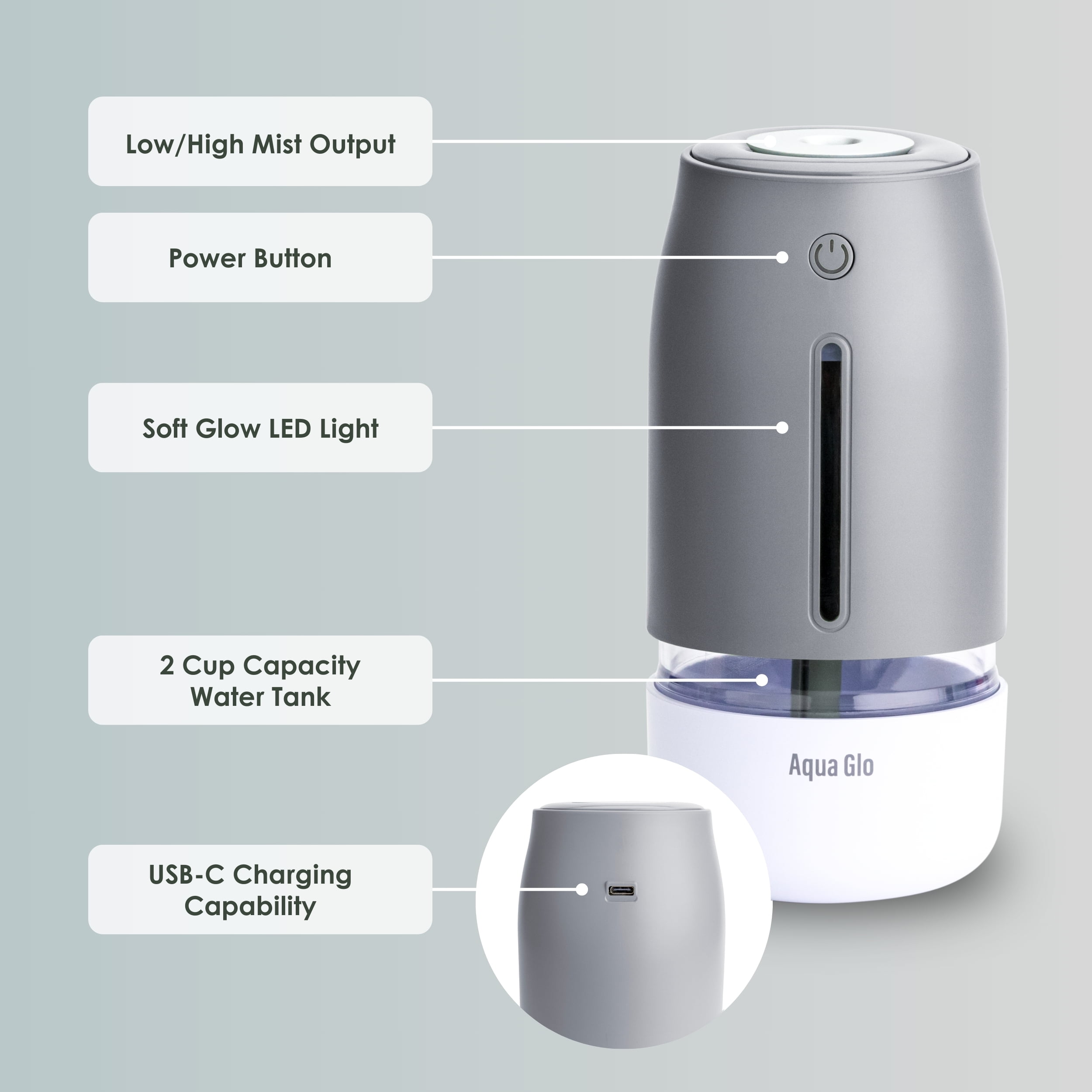 Airvana Aqua Glo Personal, Portable Humidifiers for Bedroom – Ultrasonic Cool Mist Humidifier with Built In Rechargeable Battery. Air Humidifier for Baby, Plants, Home, Office, Travel. Gray