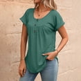 thumbnail image 2 of Women's Curved Hem Short Sleeve Shirts Summer Soft Pleated Scoop Neck Button Down Shirt Loose Fit Casual Daily Wear Tops Army Green, 2 of 8