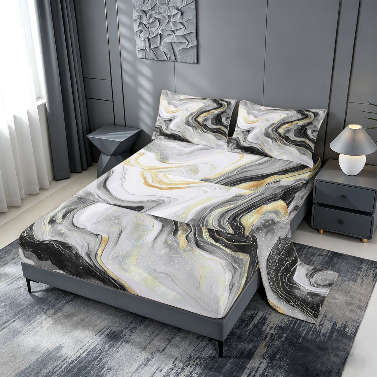 meiyoeat Modern Marble Art Queen Sheets For Women Men,Abstract Swirl Design Queen Sheet Sets For Adults,4-Piece