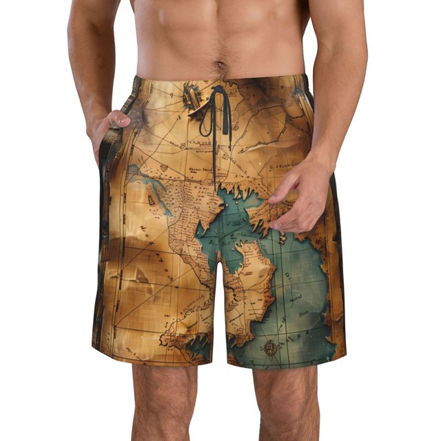 Balery Antique Map Adventure Scene Traje de Baño Estilo Hawaiano para Hombre, Shorts de Secado Rápido con Bolsillos-Small