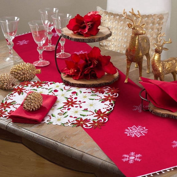 Placemats Set of 6 Embroidered Christmas Poinsettia & Holly Design, 11x17 Inch Christmas Table Decor,6 * placemats,Red & White