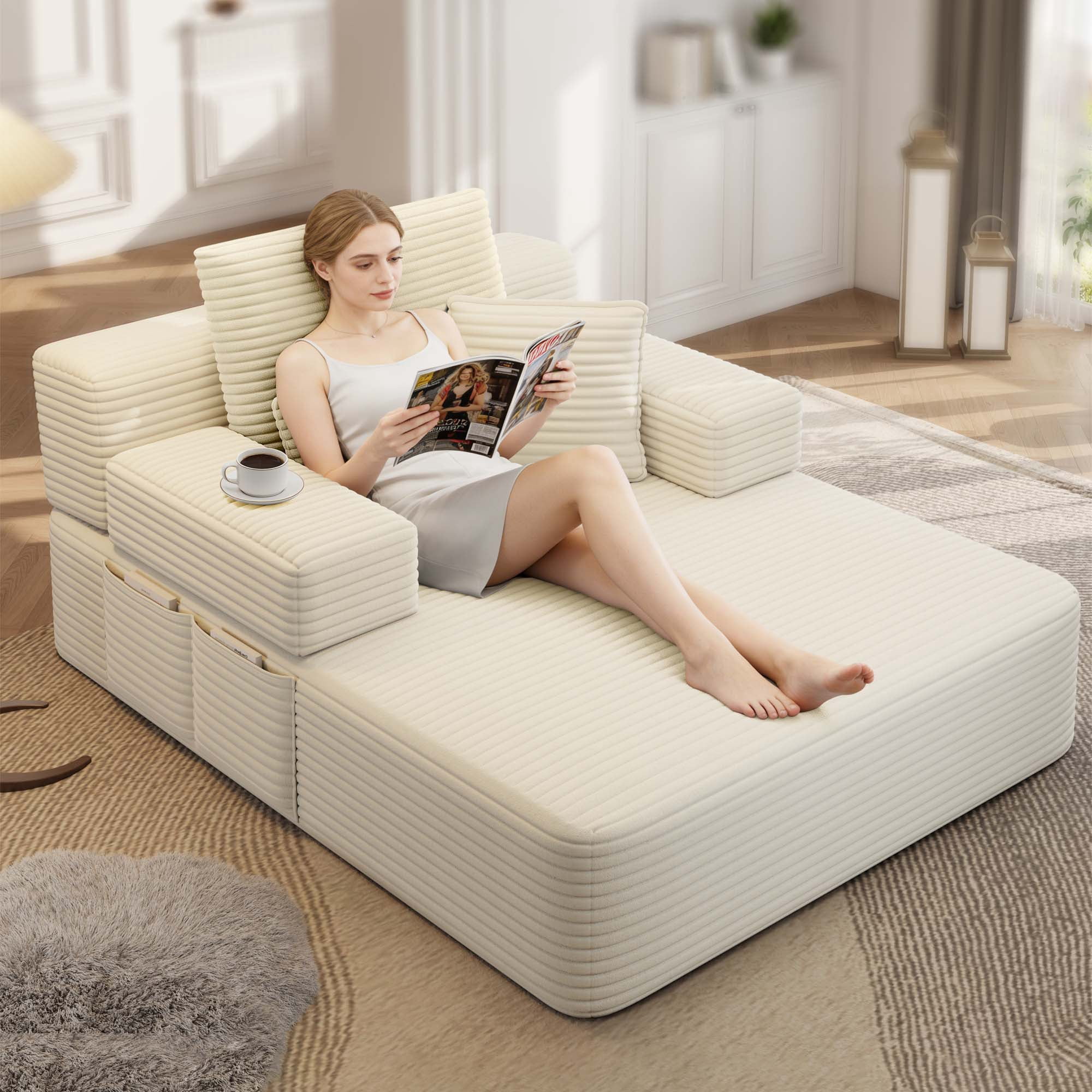 Miniyam 70" x 48.5" Corduroy Chaise Lounge Indoor with Side Pockets & 3 Pillows for Small Spaces, Compression Sofa, Beige