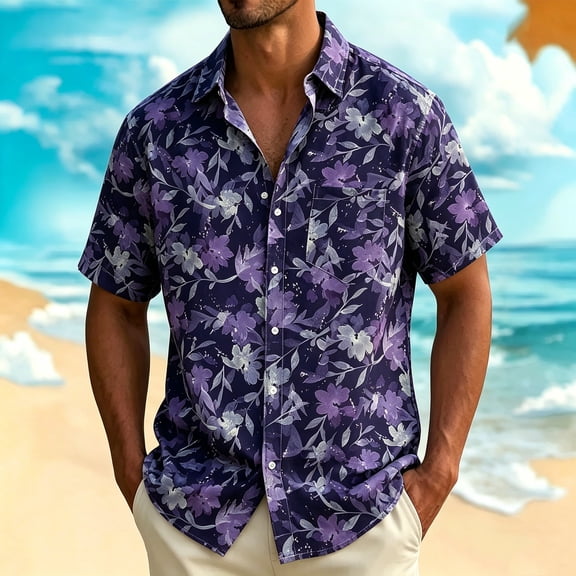 Yaoyar Men's Vibrant Hawaiian Print Short Sleeve Camp Collar Shirt Breathable Lightweight Summer Vacation Tee
