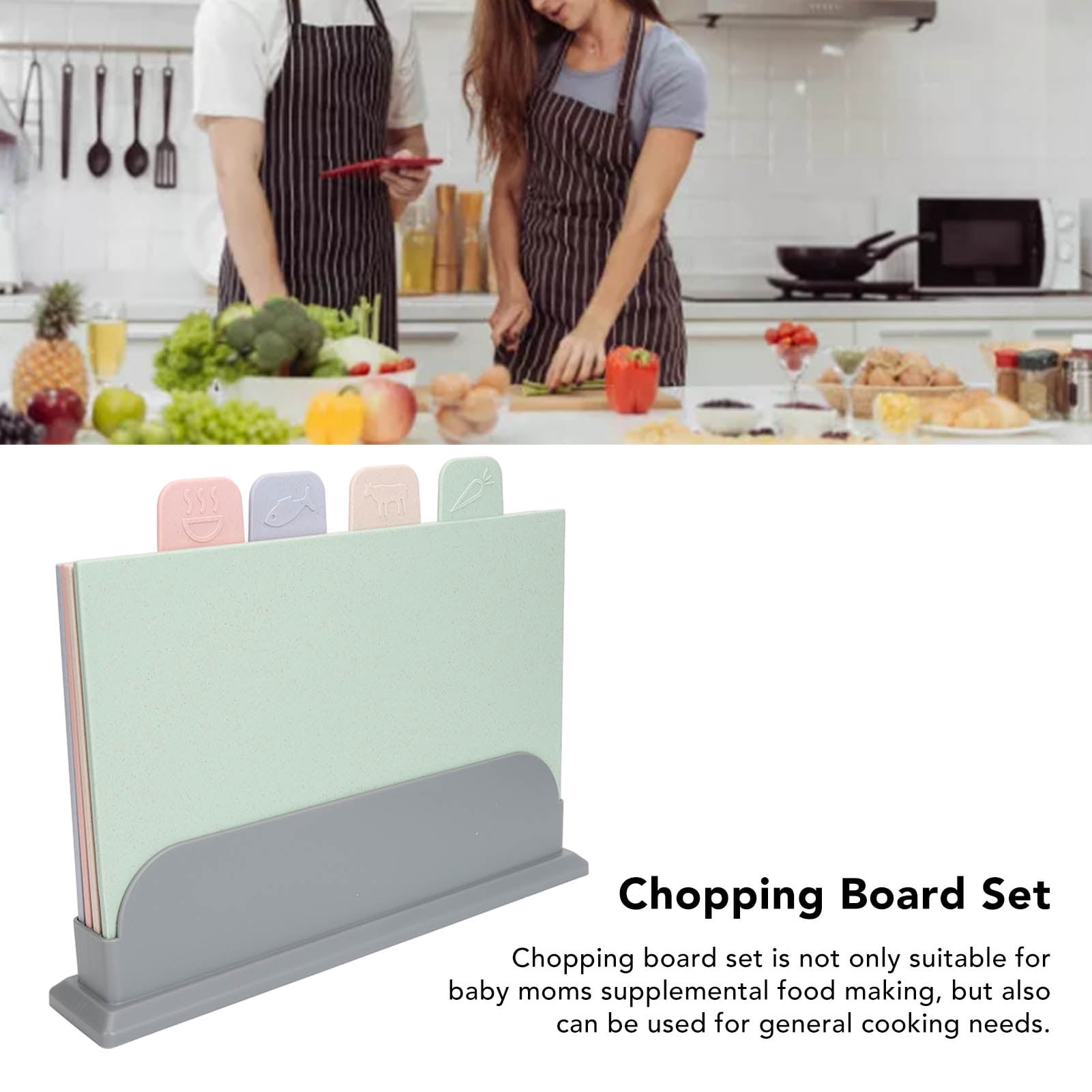 YAHHU 4-Piece Color Coded Plastic Cutting Board Set with Storage Holder Double Sided Chopping Mats Reversible Kitchen Prep Boards Multicolor 12.6 inches / 32 cm