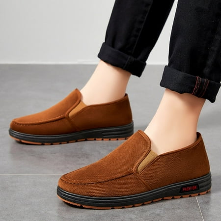 

Yolai Fashion Autumn And Winter Men Casual Shoes Flat Non Slip Canvas Upper Round Toe Solid Color Slip On Plush Warm And Comfortable