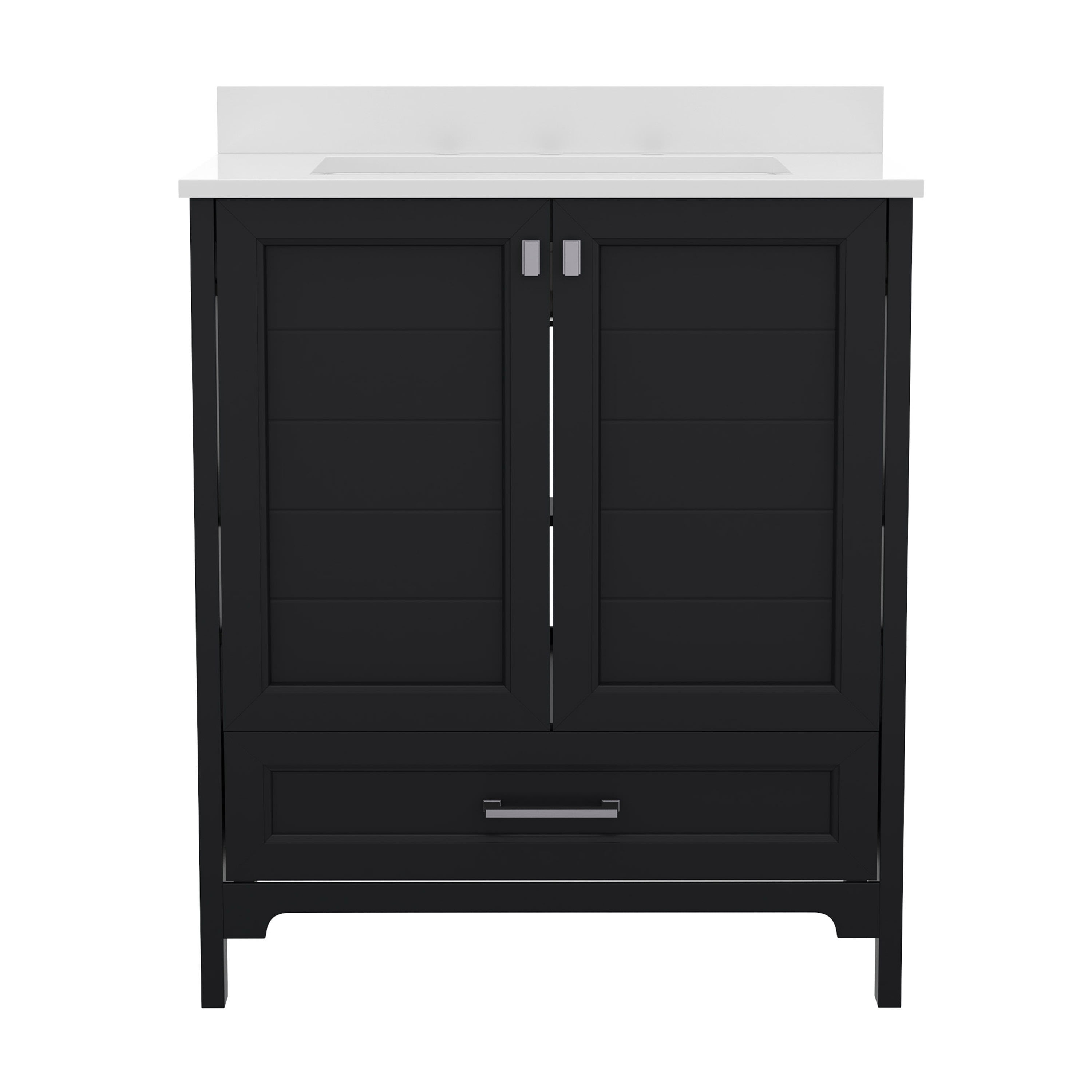 BizChair 30 Inch Bathroom Vanity with Sink, Storage Cabinet with Soft Close Doors and Bottom Drawer, Carrara Marble Finish Countertop, Black