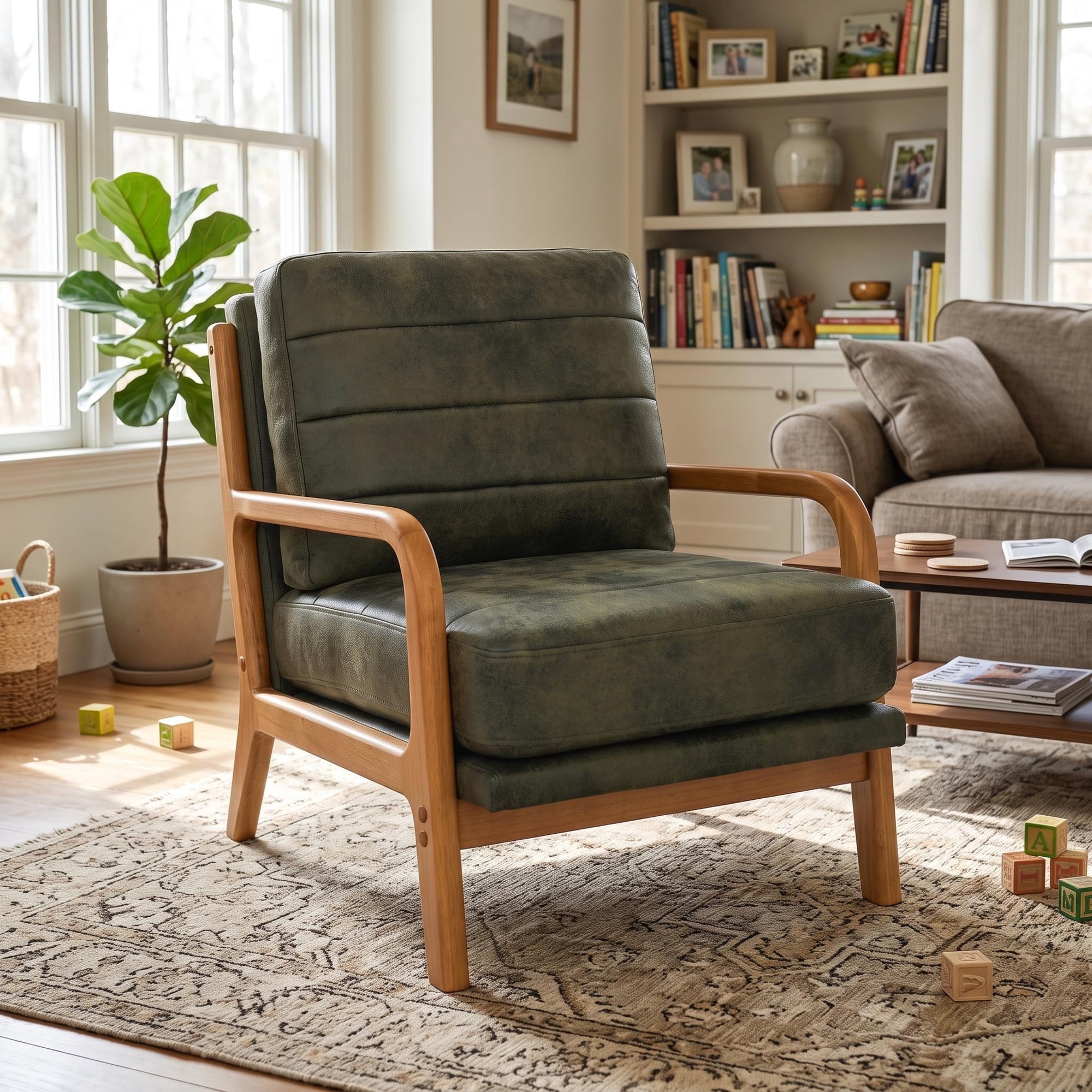 Homy Casa Mid-Century Accent Chair, Upholstered Reading Chair with Wood Frame, Olive Green