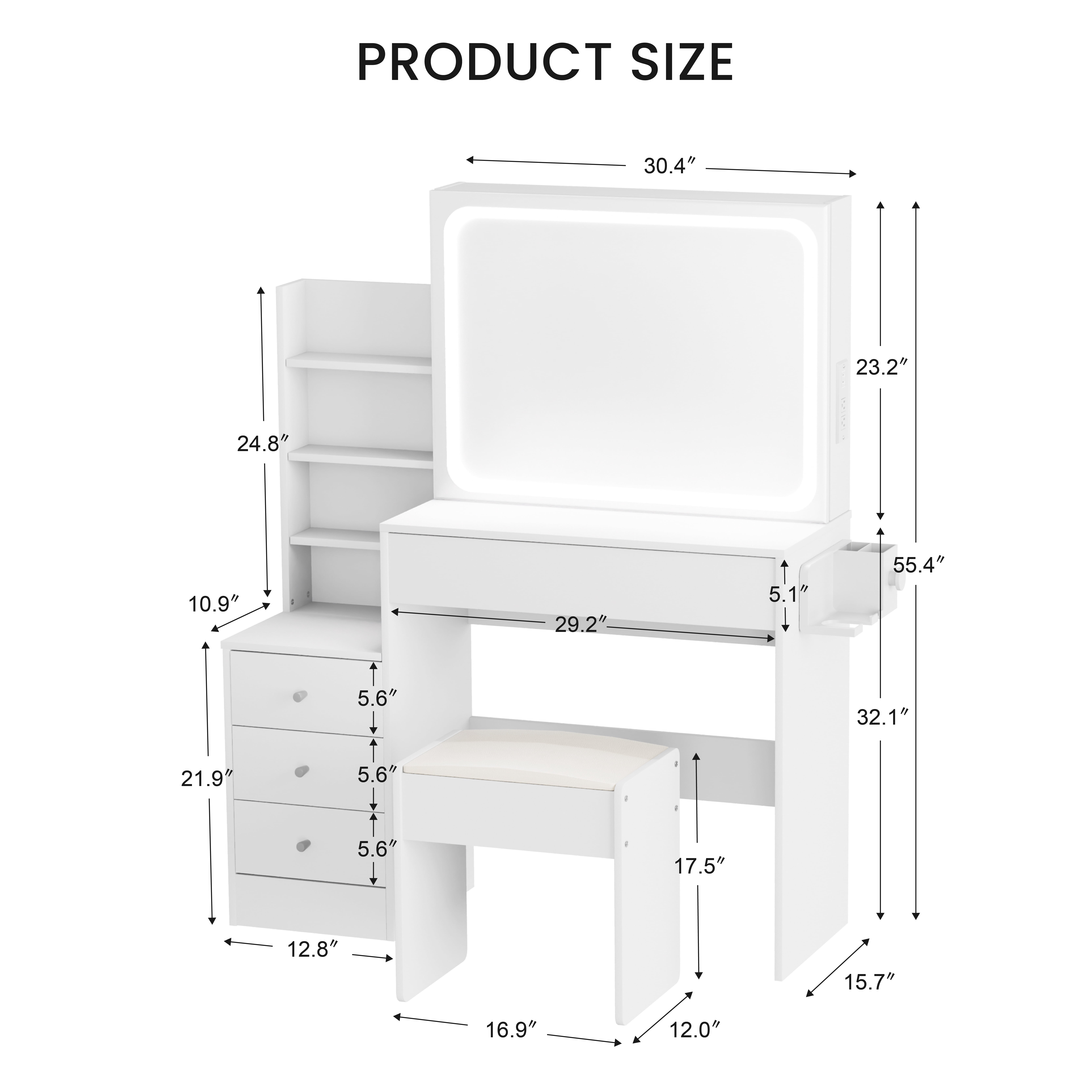 Euroco Modern Mini Dressing Table with LED-lit Mirror & Hidden Storage,Multi-tier Dust-proof Shelves，Includes Padded Stool,Adjustable Brightness Vanity Desk