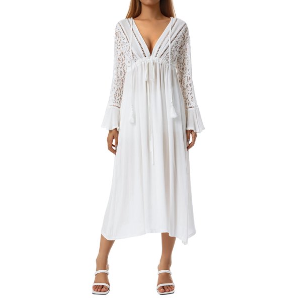VISgogo Vestido tipo pareo para mujer, manga larga, cuello en V, patchwork, cordón, embarazo, verano, playa, vestido VISgogo moda