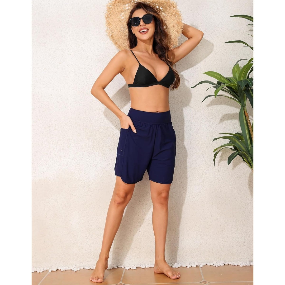 Alove Womens 6" Swim Shorts Built-in Brief Solid High Waisted Board Shorts with Pockets Quick Dry UPF50+ Swimsuit Bottoms