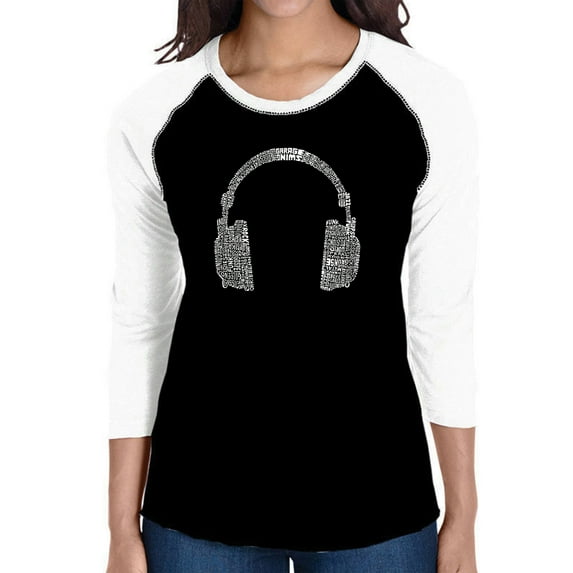 LA Pop Art Women's Raglan Baseball Word Art T-shirt - 63 DIFFERENT GENRES OF MUSIC